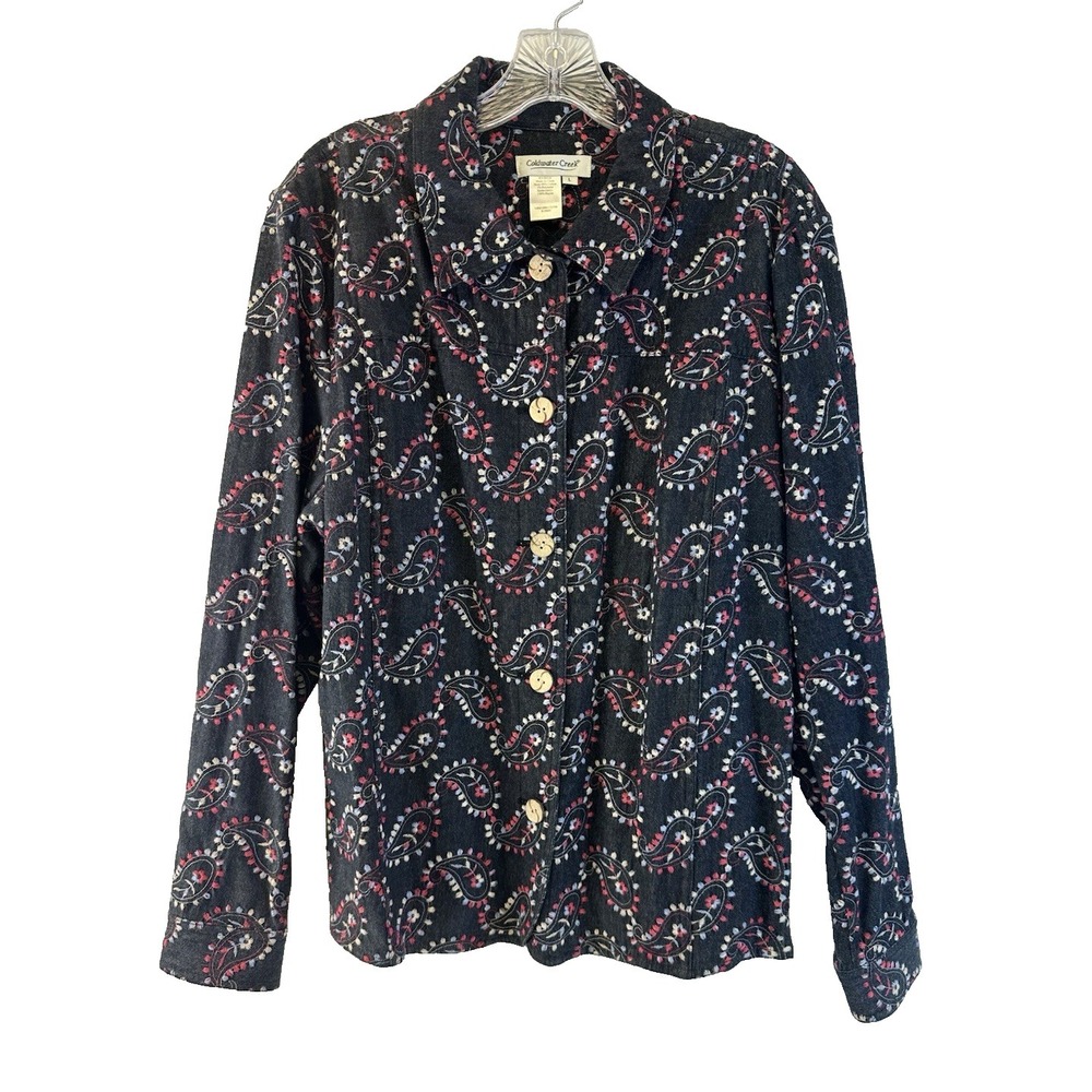Coldwater Creek Denim Shirt Jacket Paisley Embroidered Red Blue Womens Large